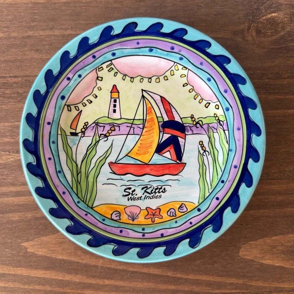 Vintage St Kitts West Indies Hand Painted‎ Plate Sailboat Coastal Decor